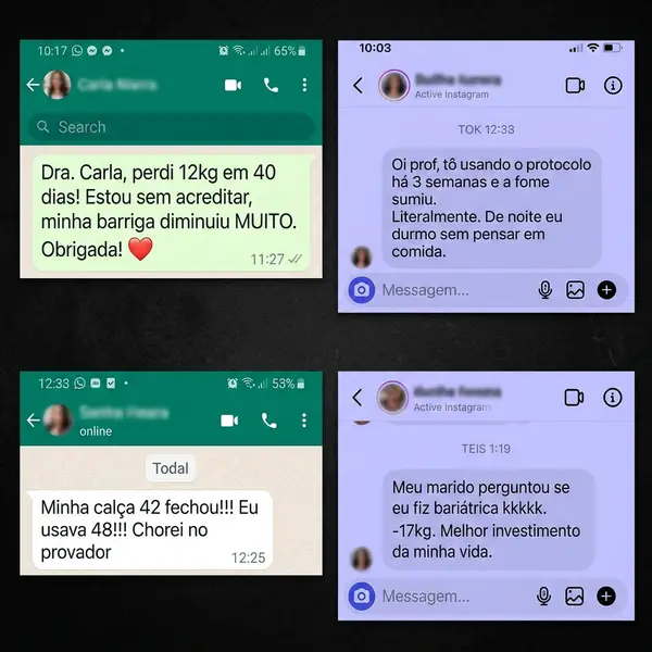Depoimentos reais de alunas no WhatsApp e Instagram